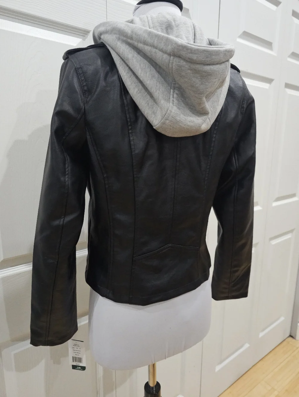 Women's Sebby Punk Biker Moto Black Faux Leather Gray Hoodie Zip Jacket Coat S - Picture 5 of 9